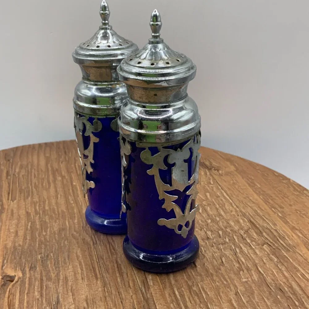 Coblat Blue Glass Vintage Japan Silver Plated Salt and Pepper Shakers